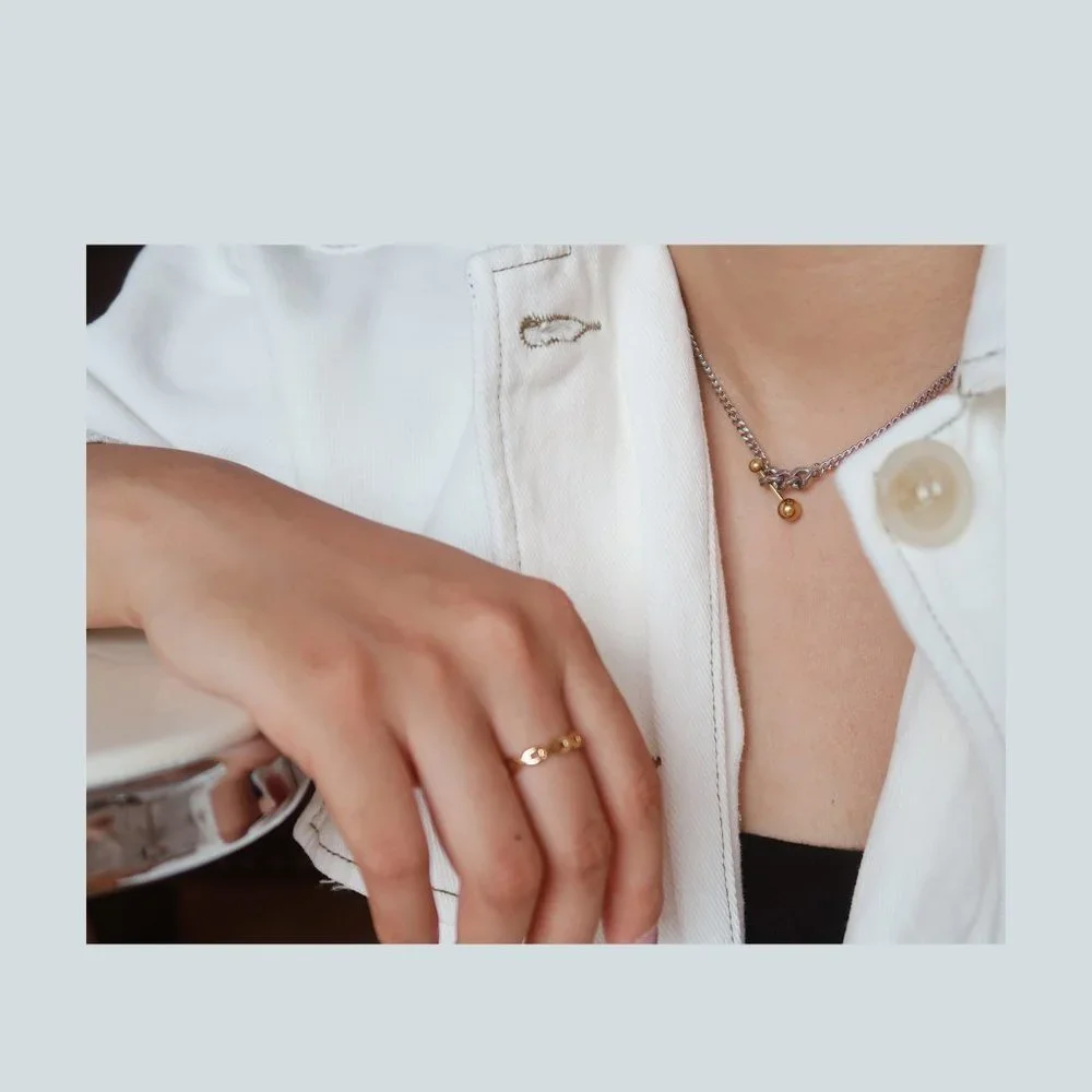 NEW Two Tone 18K Gold Plated Link Chain Gold Ball Bar Necklace